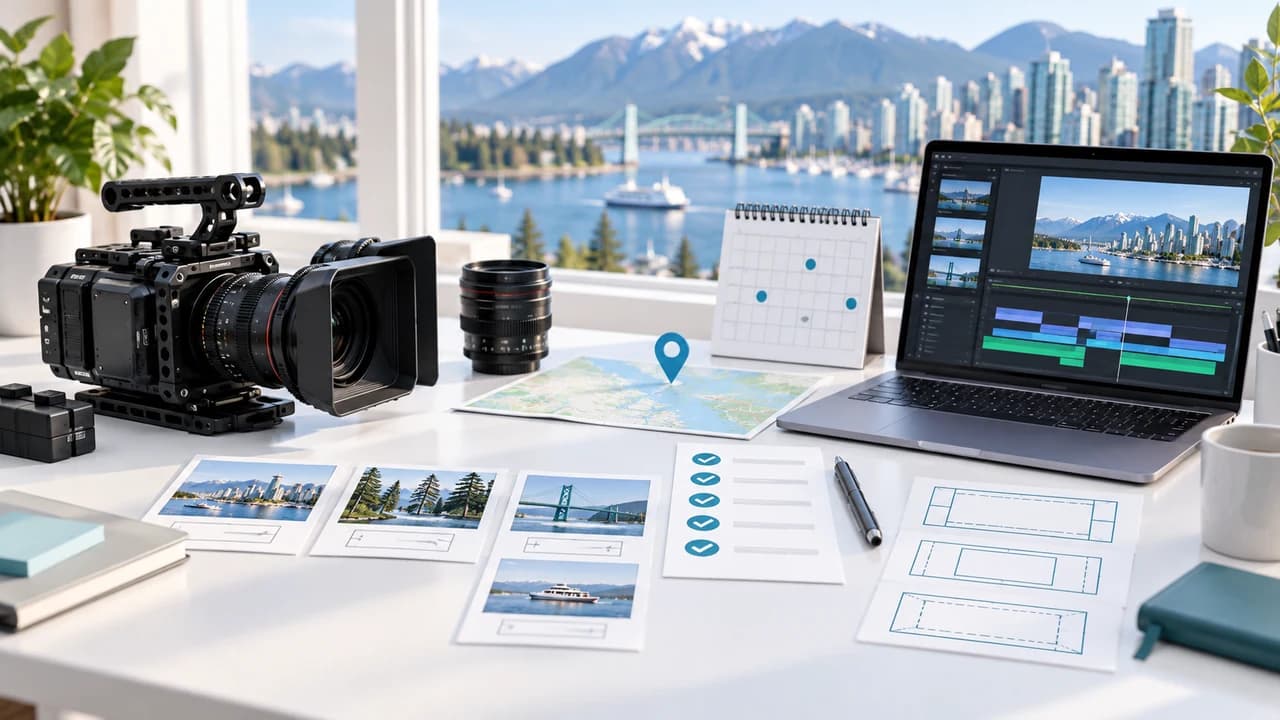 Bright video production planning desk with a cinema camera, storyboard cards, calendar and Vancouver skyline