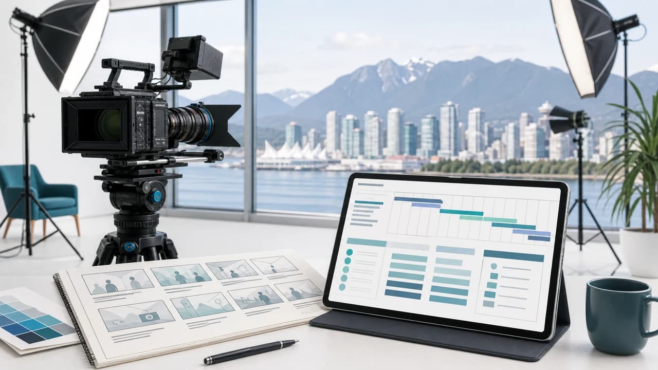 Professional video camera, studio lights and production planning tools in a bright Vancouver-inspired studio