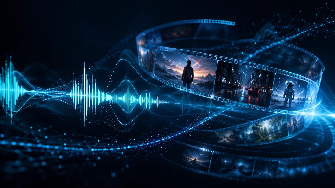 Google Veo 3.1 AI 视频与音频同步生成——深海蓝背景、青绿色音波与全息电影胶片帧